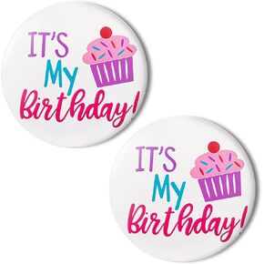 Birthday Buttons for Women, 2 Pcs Tinplate Happy Birthday Badge Button Pin for Girls, Women, Boys, "It's-my-birthday" Pin for Party Decorations (Pink, 2.3 Inch)