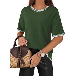 Dokotoo Womens Tops Round Neck Striped Contrast Short Sleeve Lightweight Loose Pullover Sweaters for Women 2025