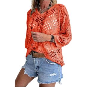 Verdusa Women's Plus Size Hollow Out Senser Sensters 3/4 Sleve V Neck Crochet Pullovers