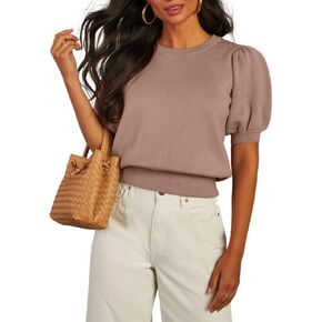 BeautyNee Womens Short Sleeve Sweater Puff Short Sleeve Tops Crew Neck Basic Knit Pullover Soft Casual Pullover Shirts
