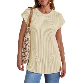 Imily Bela Womens Short Sleeve Sweater Disual Crew Neck Rribbed Rribbed Knit Split Pullover Summer Tups