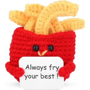 2.76 Inch Positive Crochet Fries, Knitted Toy with Card Creative Cute Inspirational Crochet Doll Encouragement Handmade Emotional Support Gift for Kids Friends Home Party