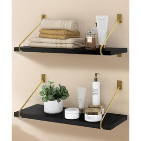 Floating Shelves for Wall, Rustic Floating Shelves Wall Mount Storage Decor Black Gold Wall Shelves Bedroom Living Room Bathroom Vanity, Set of 2