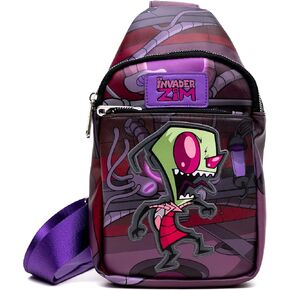 Nickelodeon Vegan Leather Crossbody Sling Bag with Adjustable Straps, Invader Zim Laughing Pose Applique