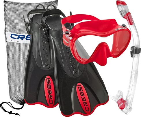 Cressi Italian Design Premium Tempered Glass Lens Frameless Scuba Snorkeling Dive Mask - Dry Snorkel - and Palau Short Snorkeling Fin and Snorkel Set Gear Bag, TTWT-LXL in Saudi Arabia