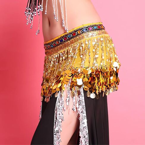 Women’s Belly Dance Hip Scarf with Sparkling Sequins & Gold Coins Adjustable Wrap Skirt for Performances, Practice Costume in Saudi Arabia