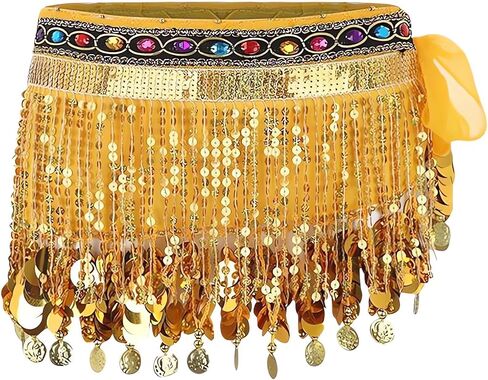 Women’s Belly Dance Hip Scarf with Sparkling Sequins & Gold Coins Adjustable Wrap Skirt for Performances, Practice Costume in Saudi Arabia