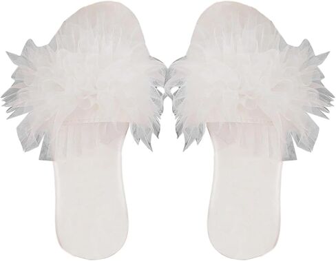 GORGLITTER Women's Wedding Sandals for Bride Ruffle Flat Sandals Dressy Square Open Toe Slip On Slides Comfortable Summer Shoes in Kuwait