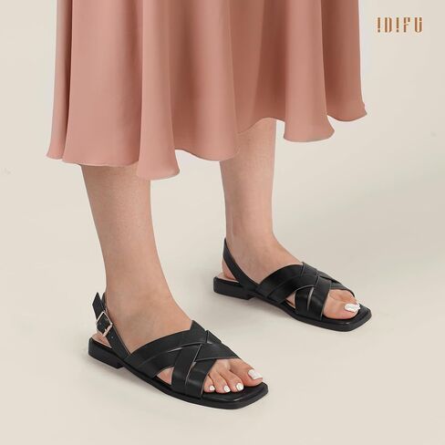Idifu Strappy Flat Sandals للنساء Square Open Tee Summer Beach Dressy Dress Ladies Mostice Comfy Comfy Trendy Trendy Disual Buckle Slingback مع حزام خلفي in Saudi Arabia