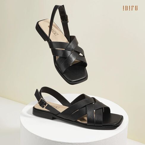 Idifu Strappy Flat Sandals للنساء Square Open Tee Summer Beach Dressy Dress Ladies Mostice Comfy Comfy Trendy Trendy Disual Buckle Slingback مع حزام خلفي in Saudi Arabia