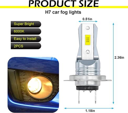 2 PCS H7 LED LED 6000K White Super Super Bright ، اثنين من اللقاح و 360 درجة لمبة الإضاءة الإضاءة ، لا يوجد محول مطلوب لمبة لاستبدال أضواء الضباب الأمامية/الخلفية ، عالمي للسيارات والشاحنات وسيارات الدفع الرباعي (أبيض) in Saudi Arabia