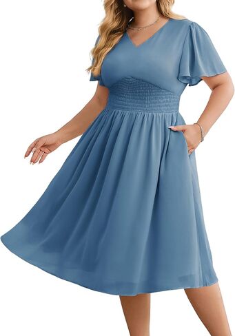 Hanna Nikole Womens Plus Size Chiffon Cocktail Dress Smocked Waist Ruffle Sleeve Party Wedding Guest Dress with Pockets in Saudi Arabia