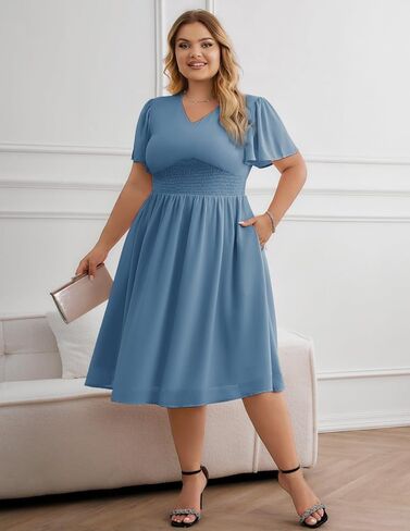 Hanna Nikole Womens Plus Size Chiffon Cocktail Dress Smocked Waist Ruffle Sleeve Party Wedding Guest Dress with Pockets in Saudi Arabia