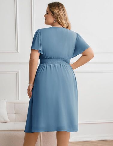 Hanna Nikole Womens Plus Size Chiffon Cocktail Dress Smocked Waist Ruffle Sleeve Party Wedding Guest Dress with Pockets in Saudi Arabia