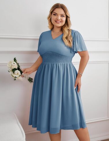 Hanna Nikole Womens Plus Size Chiffon Cocktail Dress Smocked Waist Ruffle Sleeve Party Wedding Guest Dress with Pockets in Saudi Arabia