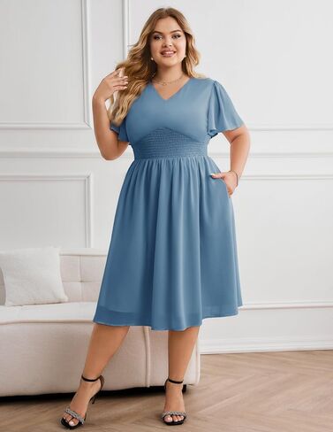 Hanna Nikole Womens Plus Size Chiffon Cocktail Dress Smocked Waist Ruffle Sleeve Party Wedding Guest Dress with Pockets in Saudi Arabia