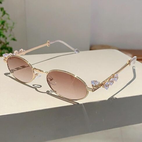Womens Oval Rhinestone Sunglasses Metal frame Trendy Shades Retro Fashion Diamond Punk Sunglasses UV400 Protection in Saudi Arabia