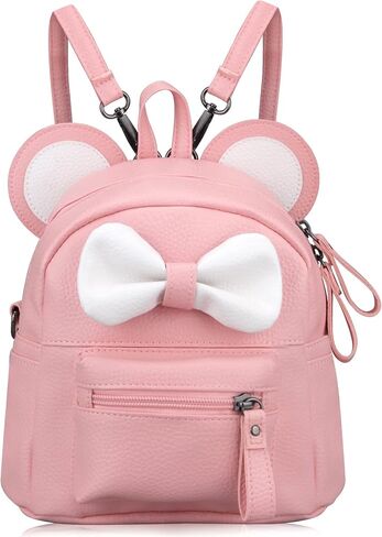 حقائب ظهر صغيرة لطيفة للفتيات من Dksyee بعقدة على شكل فيونكة من الجلد وآذان الفأر الكرتونية، حقيبة ظهر صغيرة للسفر قابلة للتحويل على الكتف باللون الأسود in Kuwait