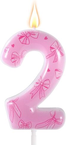Pink Bow Birthday Candle, Elegant Bow Themed Number Candle Birthday Cake Topper for Women Girls Wedding Parties Baby Shower Anniversary Decorations (Number 2) in Kuwait