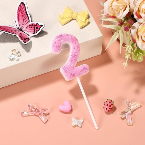 Pink Bow Birthday Candle, Elegant Bow Themed Number Candle Birthday Cake Topper for Women Girls Wedding Parties Baby Shower Anniversary Decorations (Number 2) in Kuwait