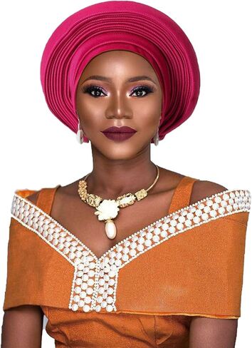 Nigeria Head Ties Wedding Party Headgear Elegant African Headtie Turban Already Made Women's Auto Gele Female Head Wraps (One Size,Orange) in Kuwait