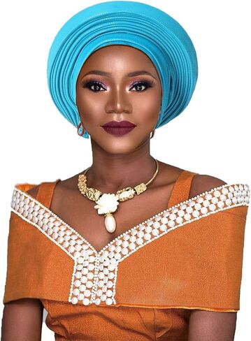 Nigeria Head Ties Wedding Party Headgear Elegant African Headtie Turban Already Made Women's Auto Gele Female Head Wraps (One Size,Orange) in Kuwait
