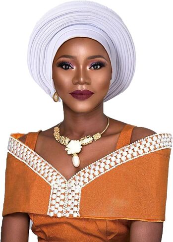 Nigeria Head Ties Wedding Party Headgear Elegant African Headtie Turban Already Made Women's Auto Gele Female Head Wraps (One Size,Orange) in Kuwait