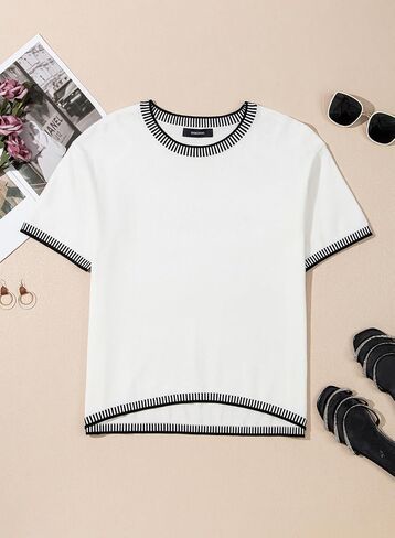 Dokotoo Womens Tops Round Neck Striped Contrast Short Sleeve Lightweight Loose Pullover Sweaters for Women 2025 in Saudi Arabia