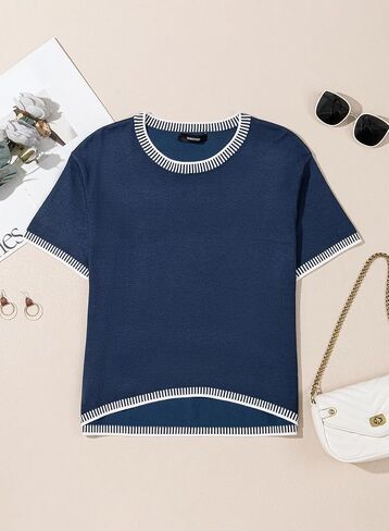 Dokotoo Womens Tops Round Neck Striped Contrast Short Sleeve Lightweight Loose Pullover Sweaters for Women 2025 in Saudi Arabia