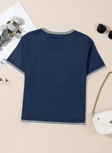Dokotoo Womens Tops Round Neck Striped Contrast Short Sleeve Lightweight Loose Pullover Sweaters for Women 2025 in Saudi Arabia