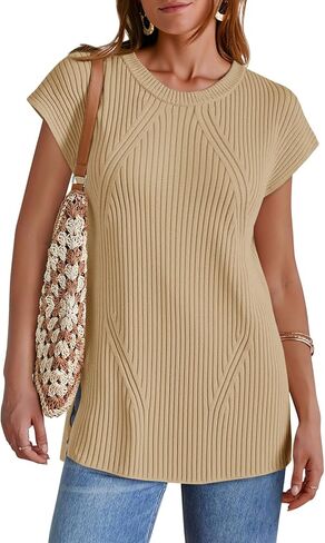 Imily Bela Womens Short Sleeve Sweater Disual Crew Neck Rribbed Rribbed Knit Split Pullover Summer Tups in Saudi Arabia
