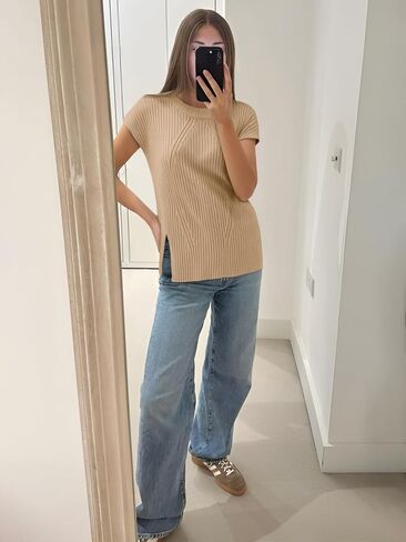Imily Bela Womens Short Sleeve Sweater Disual Crew Neck Rribbed Rribbed Knit Split Pullover Summer Tups in Saudi Arabia