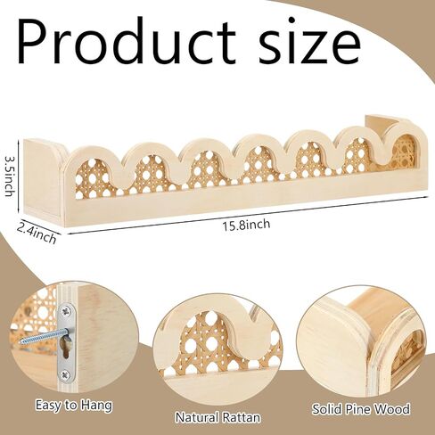 Pinkunn 2 PCS Rattan Wall Wall Shelf Wood 15.75 بوصة بوهو أرفف الكتب العائمة اللطيفة جدار مزخرفة مثبتة in Kuwait