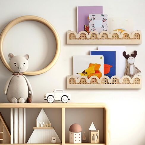 Pinkunn 2 PCS Rattan Wall Wall Shelf Wood 15.75 بوصة بوهو أرفف الكتب العائمة اللطيفة جدار مزخرفة مثبتة in Kuwait