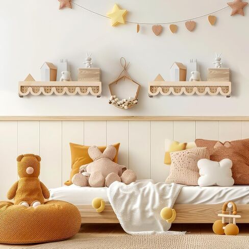 Pinkunn 2 PCS Rattan Wall Wall Shelf Wood 15.75 بوصة بوهو أرفف الكتب العائمة اللطيفة جدار مزخرفة مثبتة in Kuwait
