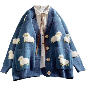 Findthy Women's Kawaii Cardigan Cardigan Long Sleeve Button Up Sheep Print Cute Sweater Cardigans