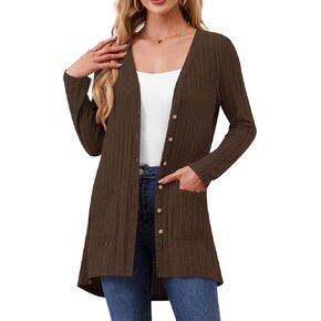 Women Cardigans Open Front Lightweight Button Down Duster Long Cardigan Vertical Stripes Pockets for Casual Fall