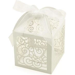 KPOSIYA 100 Pack Wedding Favor Boxes Laser Cut Boxes Party Favor Box Small Gift Boxes Lace Candy Boxes for Wedding Bridal Shower Baby Shower Birthday Party Anniverary with Ribbons (Gold, 100)