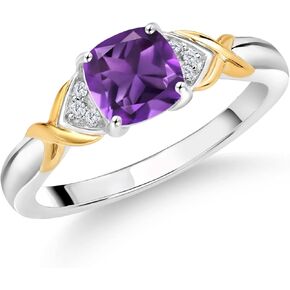 Gem Stone King 925 Sterling Silver and 10K Yellow Gold Purple Amethyst and White Lab Grown Diamond Engagement Ring For Women 1.00 Cttw, Cushion 6MM