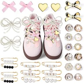 30pcs سحر أحذية المرأة للأحذية الرياضية الملحقات الدانتيل اللطيفة مع أقواس ومقاطع ودبابيس ومجوهرات ديكورات أحذية DIY لأحذية التنس سحر للملابس والقبعات والحقائب