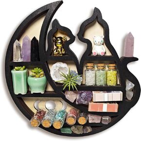 Crystal Display Shelf for Wall, Cats on The Moon Shelf, Crescent Moon Phase Cute Home Decor Wooden Rock Display Shelf Crystal Holder Stone Storage Aesthetic Hanging Floating Organizer