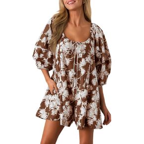 جرس Cicy Womens Summer Floral Romper فضفاضة مغرفة فانوس فانوس مختصرة مختصرة من ملابس الشاطئ الأمامية (القهوة ، X-Large)