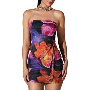 WDIRARA Women's 2 Piece Outfits Floral Print Drawstring Asymmetrical Tube Top and Bodycon Mini Skirt Set