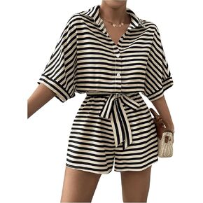 Milumia Women's Colorblock Striped Print Jumpsuit Bat Wing Sleeve Knot Romper