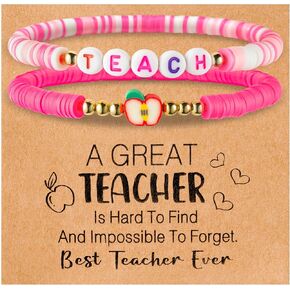 Y1tvei 2Pcs Teacher Appreciation Bracelet Gift Stackable Teach Apple Beaded Heishi Polymer Clay Bead Layering Stretch Bracelet Personalized Jewelry Back to School Gifts for Teacher (Pink)