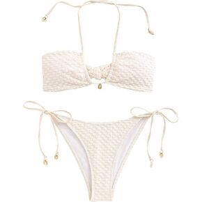 WDIRARA Women's 2 Piece Halter Textured Bikini Set Tie Back Bathing Suit High Cut Swimsuit Tie Back Swimwear