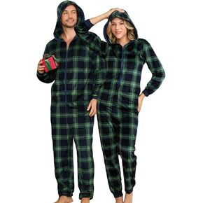U2SKIIN Couple Fleece Onesie Pajamas, Matching Plaid Hooded Zipper Pjs Set Christmas Jumpsuit Warm Sleepwear for Women & Men