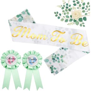 Neutral Sage Green Mom to Be Sash Baby Shower Dad To Be Pin, Gold Glitter Letters Eucalyptus Leaves Greenery Satin Sash Corsage for Pregnant Mommy Gift Party Decorations