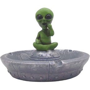 Unique Home Decor- Funny Green Alien in Saucer Ashtray, Humorous Gifts, Tabletop Accent Piece, 6 Inches