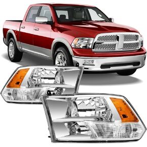 Headlights Assembly For 2009-2018 Dodge Ram 1500 2500 3500, Fit For 09-18 Ram Quad or Dual Style Halogen Headlamp Clear Lens Chrome Housing Amber Corner Head Lights Set Replacement Pair